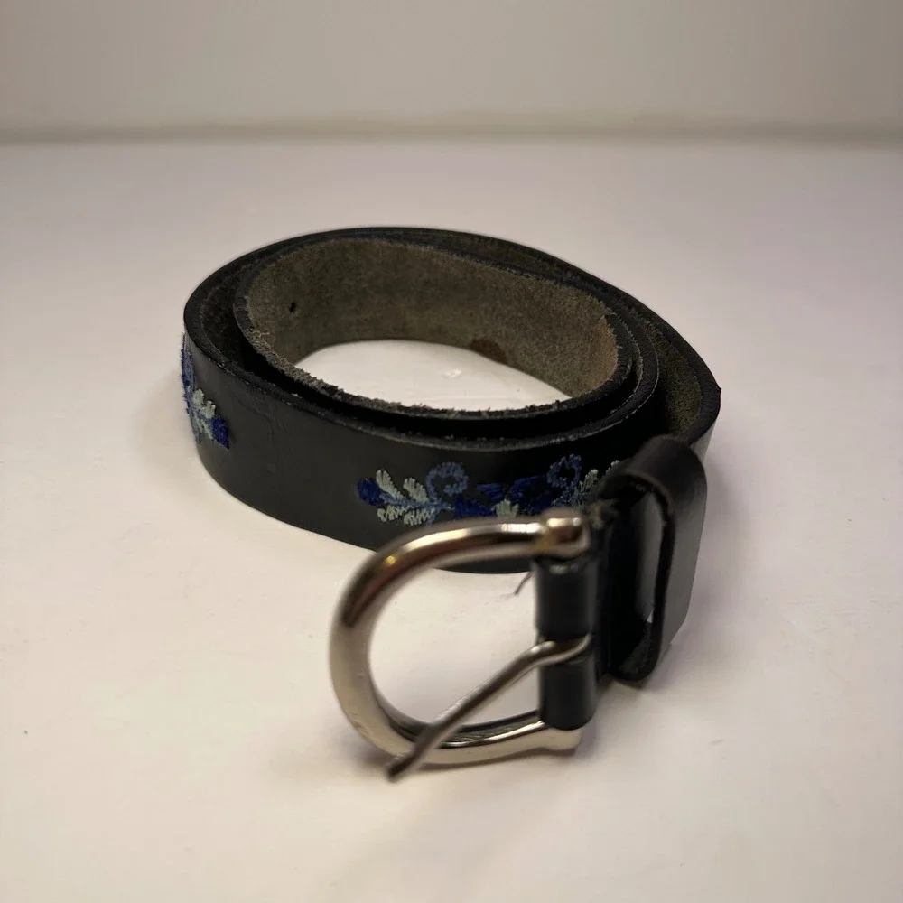 Kids Black Leather Belt Blue Floral Embroidery‎ Buckle Genuine Leather youth S